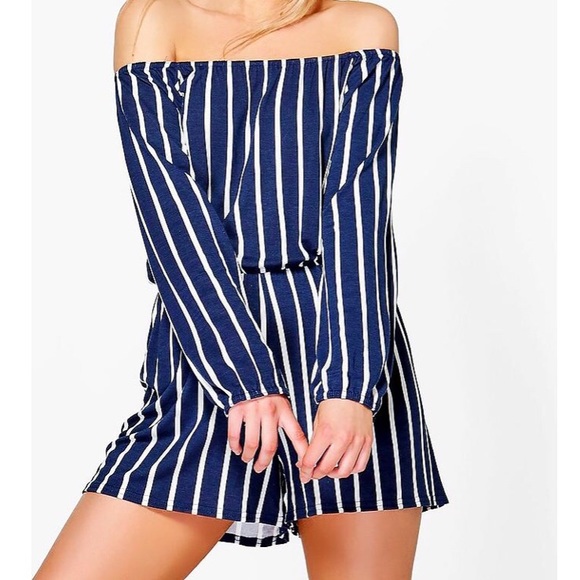 Boohoo Pants - BOOHOO Striped off-the-shoulder romper